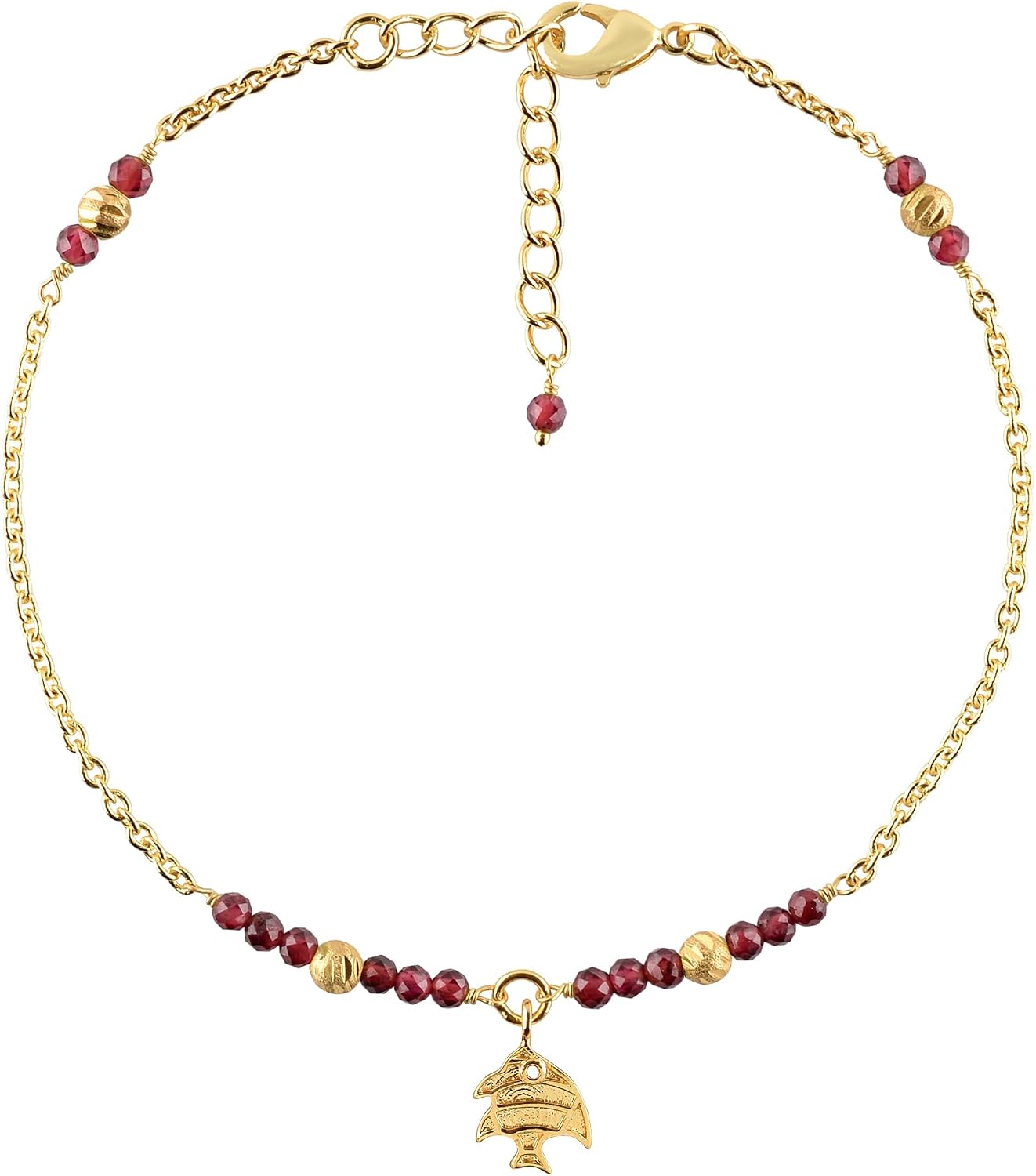 InfinityGemsArt Ankle Bracelets For Women, Natural Birthstone Beaded Boho Beach Jewelry, Dainty Gemstone Cute Fish Charm Anklet, 18k Gold Plated 9+1.5 inch Adjustable Chain, Handmade Birthday Gifts