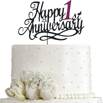 Happy 1st Anniversary Cake Topper - 1st Wedding & Birthday Party Topper, Double Sided Black Glitter