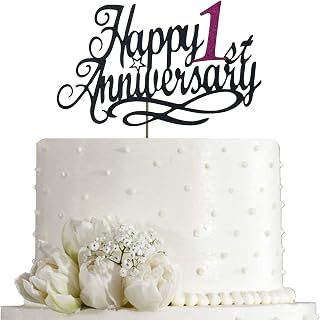 Happy 1st Anniversary Cake Topper - 1st Wedding & Birthday Party Topper, Double Sided Black Glitter