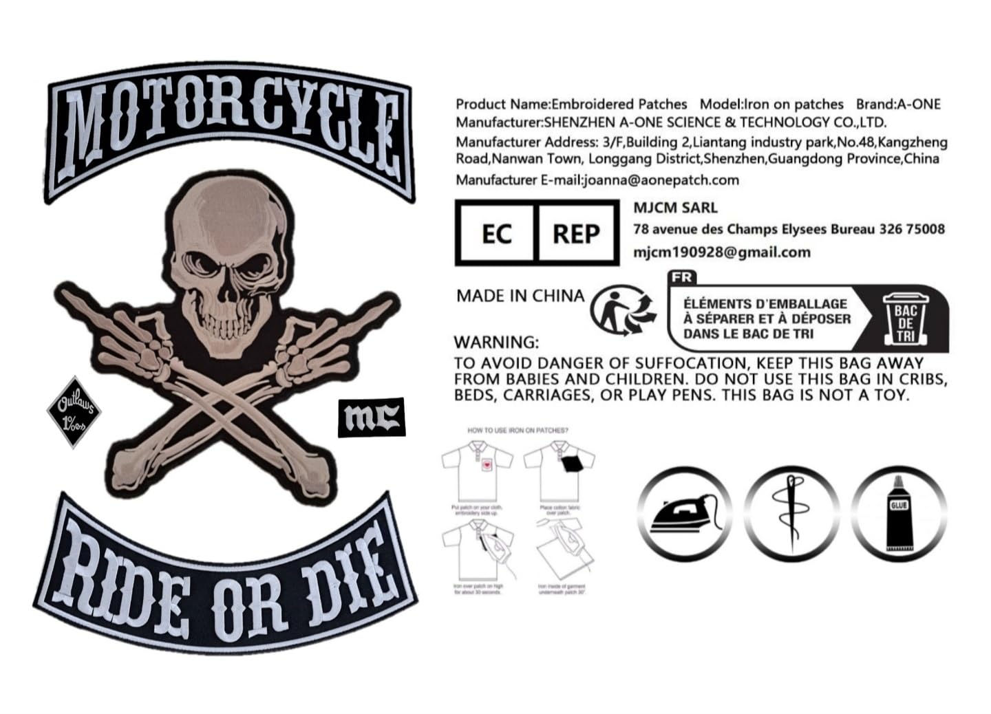 Parches bordados con diseño de calavera, calavera con dedo medio, Parches Ropa para aplicar o decorar chalecos, motocicletas, etc.