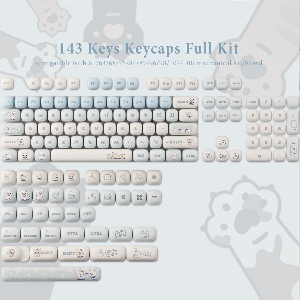 JakeTsai Lot de 143 touches PBT - Profil MOG - Sublimation de teinture - Disposition ANSI personnalisée - Compatible avec les commutateurs Cherry MX