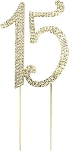 Miniatura 1 de JANOU 15 decoraciones para tartas número 15, diamantes de imitación de cristal para decoración de cumpleaños, aniversario, fiesta (dorado)