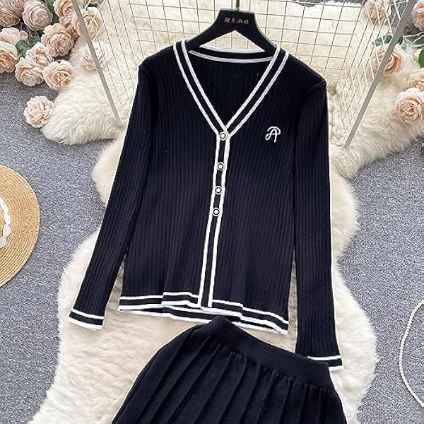 DUOTCYELE Abito in Due Pezzi Maglione Lavorato A Maglia - Set Casual in Due Pezzi Elasticità da Donna Autunno Scollo A V Abito Lavorato A Maglia Stile College Monopetto Maglione con Scollo A V Card