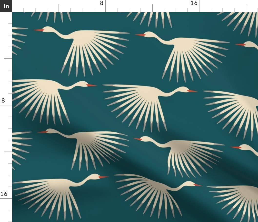 Spoonflower Cranes Fabric - 1920S Blue Birds Geometric Flying Crane Sunburst 1920S Art Deco Crane Bird Fly Long Neck Wings by Katerhees Printed on Eco Canvas Fabric by The Yard
