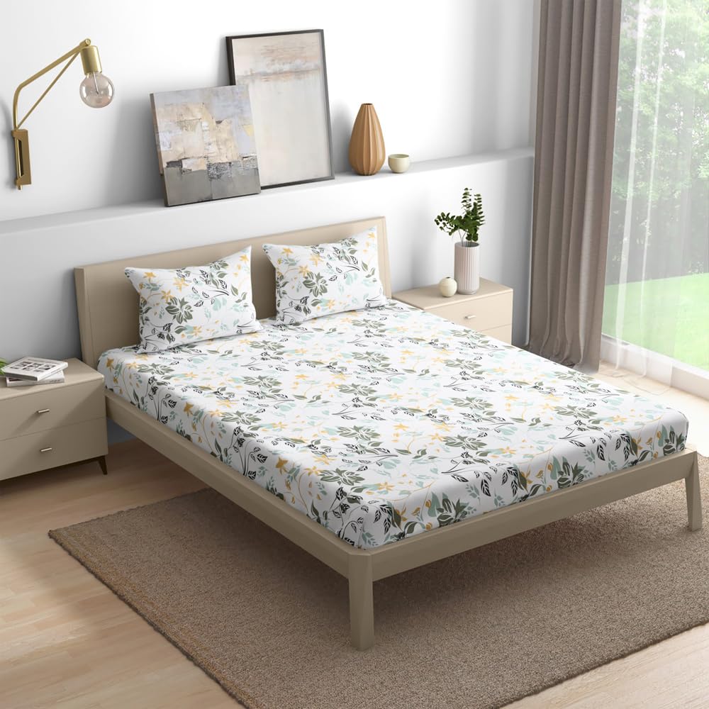 Wakefit Cotton Fitted Bedsheet | 200 TC Elastic Fitted Sheet, King Bed Bedsheet with 2 Pillow Covers | Leafy - 72x70 inches