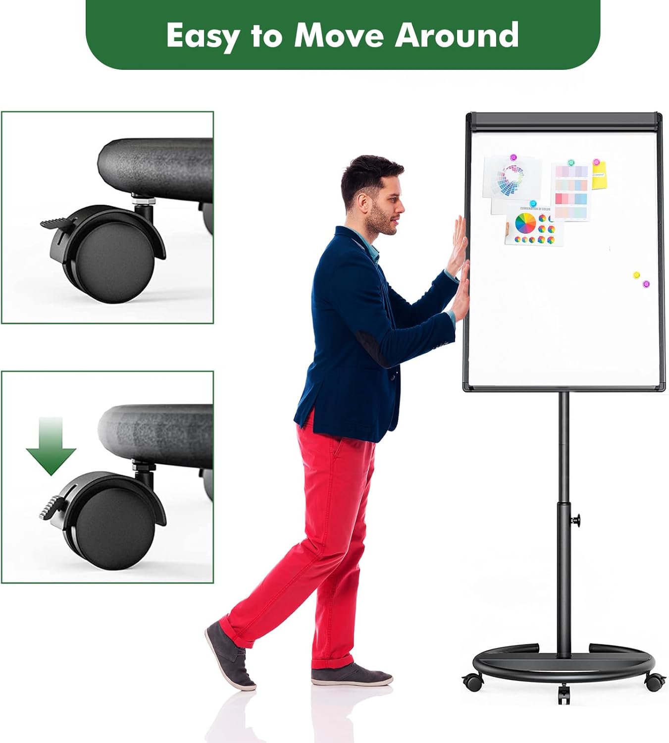 Mobile Whiteboard, Magnetic Dry Erase Board with Stand 40x28 inch, Height Adjustable Flipchart Easel Movable Rolling Stand White Board on Wheels with Dry Erase Markers, Magnets, Eraser (Black)