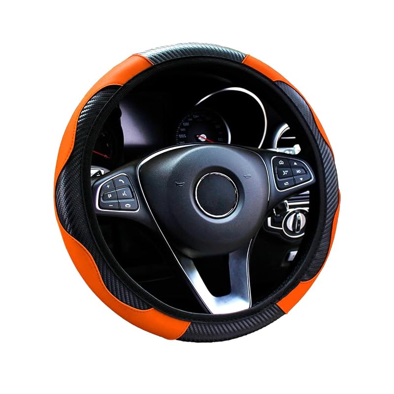 Capa para Volante em Couro de Fibra de Carbono WLERIR, Antiderrapante, Laranja, para Volantes de 36,8–38,1 cm