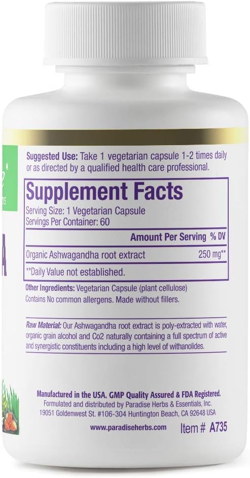 Paradise Herbs Organic Ashwagandha Ayurvedic Vegan 60 Capsules
