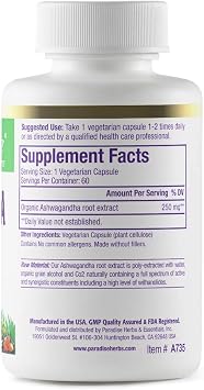 Paradise Herbs Organic Ashwagandha Ayurvedic Vegan 60 Capsules