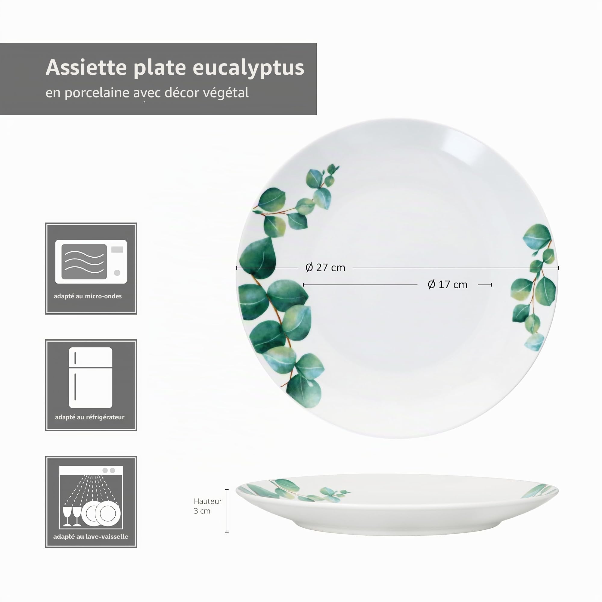 MamboCat Lot de 6 assiettes plates en eucalyptus I Ø 27 cm I Assiettes en porcelaine blanche pour 6 personnes avec décor de plantes vertes I Grandes assiettes pour le petit déjeuner, le midi, le café