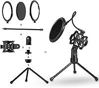 Vista 5 de Soporte de trípode para micrófono de escritorio, soporte de micrófono de escritorio con red de filtro pop para podcast, chat, reuniones