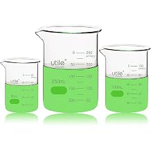 Utile Beaker Set, Low Form Glass Beakers, 3 Sizes of Vol.50ml 100ml 250ml, 3.3 Borosilicate Glass with Double Scale Printed Graduation, 4099.0004.1