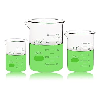 Utile Beaker Set, Low Form Glass Beakers, 3 Sizes of Vol.50ml 100ml 250ml, 3.3 Borosilicate Glass with Double Scale Printed Graduation, 4099.0004.1
