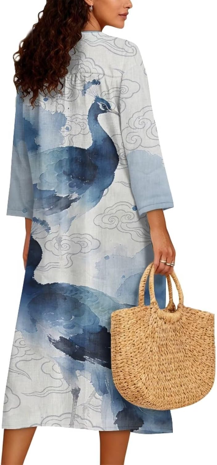Wanyint Women's Boho Casual Dress 3/4 Sleeve Wrap V-Neck Midi Length, Flowy Loose Fit Linen-Look Polyester Tunic Dress, S-4XL