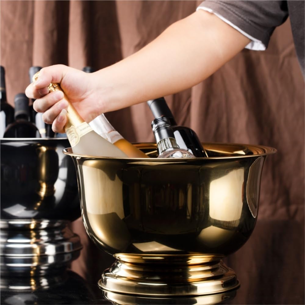 Cubitera grande de acero inoxidable para champán, cuenco de vino de metal con base, ideal para el hogar, bar, restaurante, mantiene el champán, el vino, la cerveza fría para fiestas (dorado)
