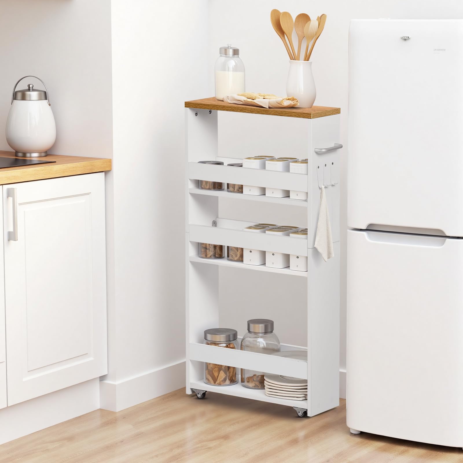 Carrito de Cocina de 4 Niveles, Carro Auxiliar Estrecho con Ruedas, Estante Nicho con Asa, Mueble de Almacenaje Ahorra Espacio para Cocina, Baño, Oficina, 40x15x80cm, Blanco+Roble Claro