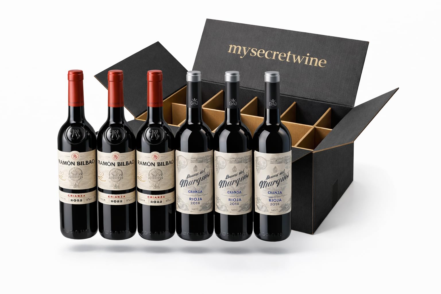 Mysecretwine Pack 6 Botellas Vino Rioja – 3x Ramón Bilbao Crianza 2022 + 3x Lomas del Marqués Crianza – Selección Premium DO Rioja – 750ml