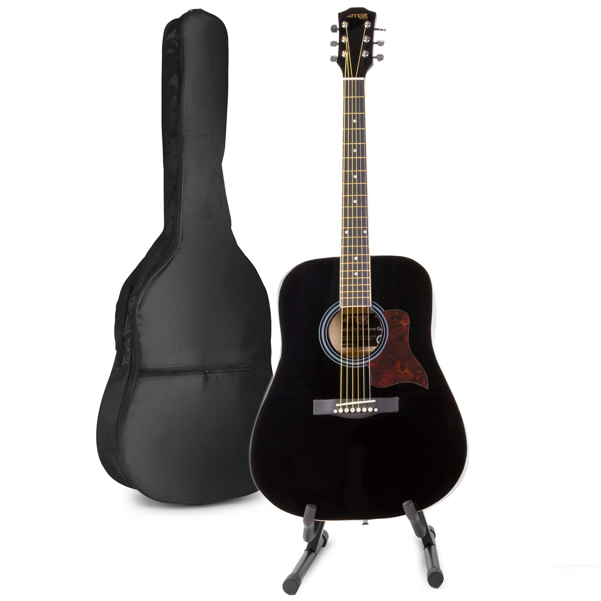 MAX SoloJam Western Kit de Démarrage pour Guitare Acoustique avec Support de Guitare - Noir, Idéal pour Débuter la Guitare