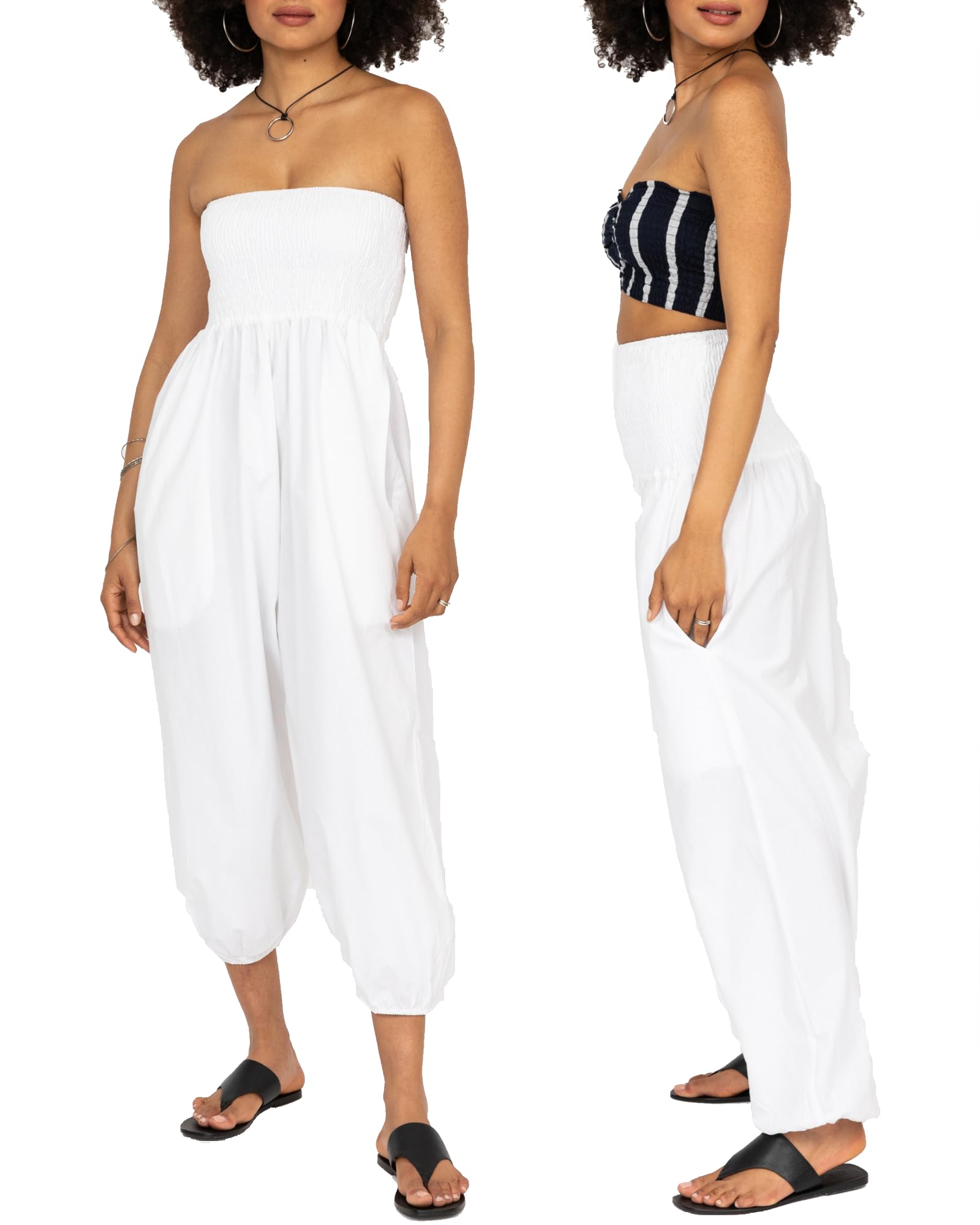 likemaryJumpsuit for Women UK – Convertible Capri Romper Pulls Down into Harem Pants – Cotton Elasticated Waist Ladies Summer Trousers with Pockets