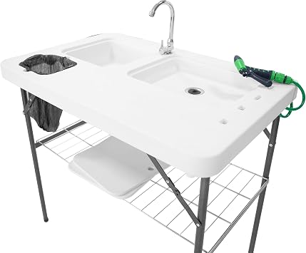 THUNDERBAY Portable Folding Fish Game Cleaning Camp Table Heavy Duty 40Fillet Table with Double Sink and Faucet