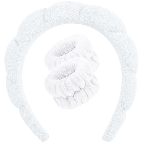 BAHABY Diadema de spa para lavar la cara, cuidado de la piel, maquillaje, diadema de esponja, diadema de spa y muñequera, nubes suave banda para el