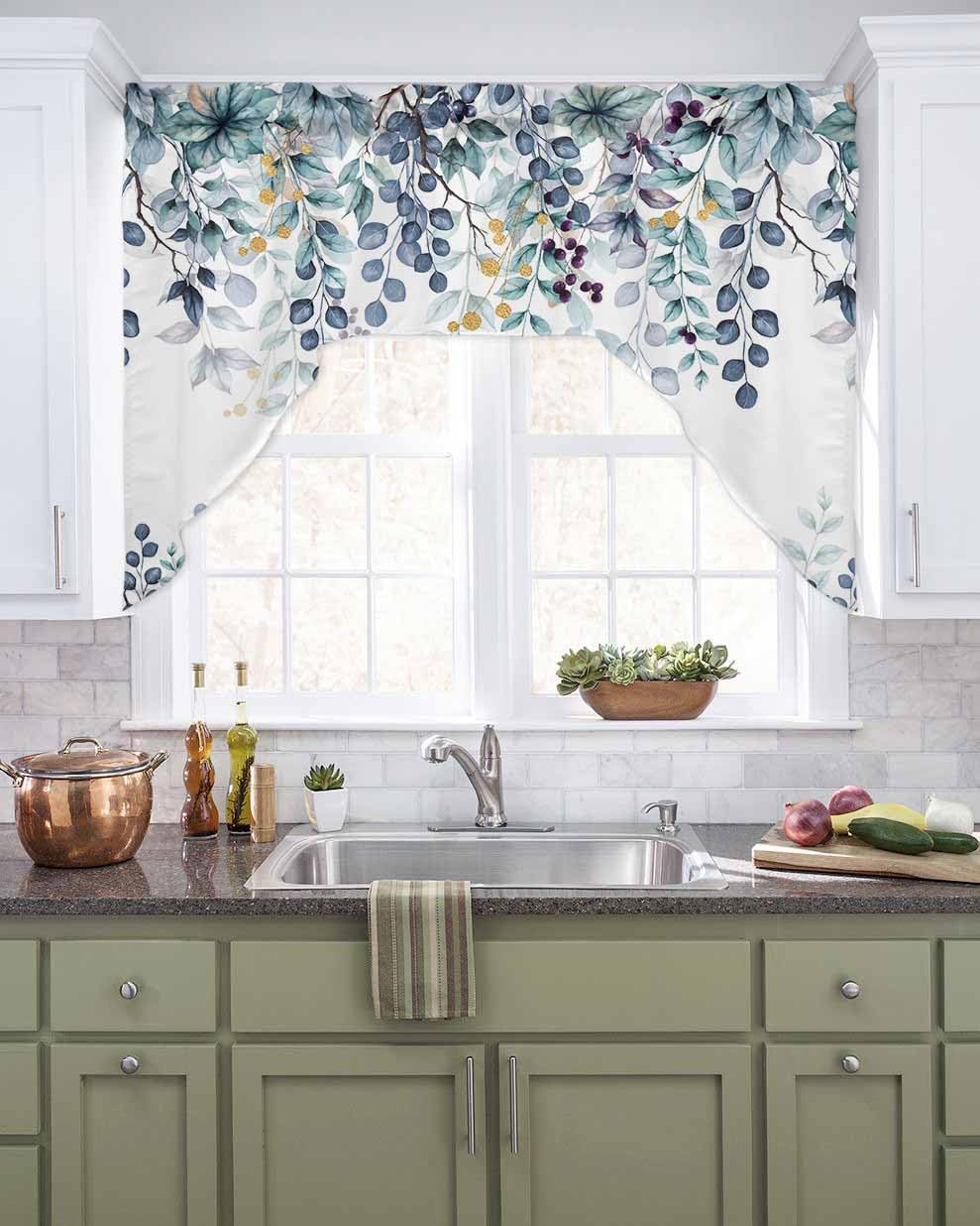 Blue Eucalyptus Leaves Swag Valances for Kitchen Window, Small Swag Curtains Valances for Bedroom Bathroom Over Sink Watercolor Summer Botanical Rod Pocket Window Treatment Drapes, 56x36 Inch