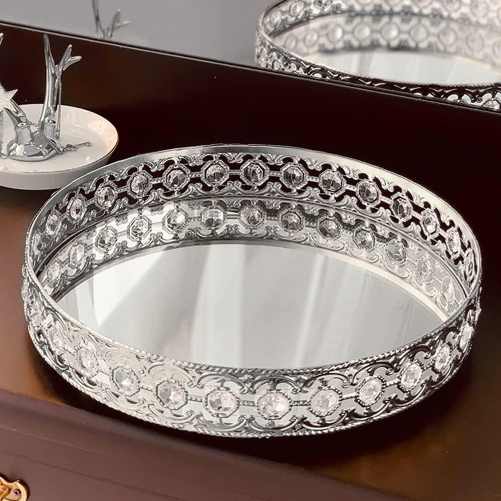 Round Mirror Tray for Coffee Table, Perfume, Makeup, and Vanity - Decorative Organizer for Dresser Tops (Silver, 11.8 in)