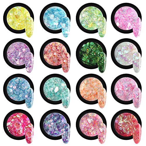 Addfavor 16 Bottle Chunky Glitter Iridescent Sequin Ultra Sparkle Flakes Opal Hexagons Shaped Nail Art Glitters For For Nail Art/Body/Face/Eye/Hair/Crafts/Slime, Decoration Accessories Supplies #TOP1