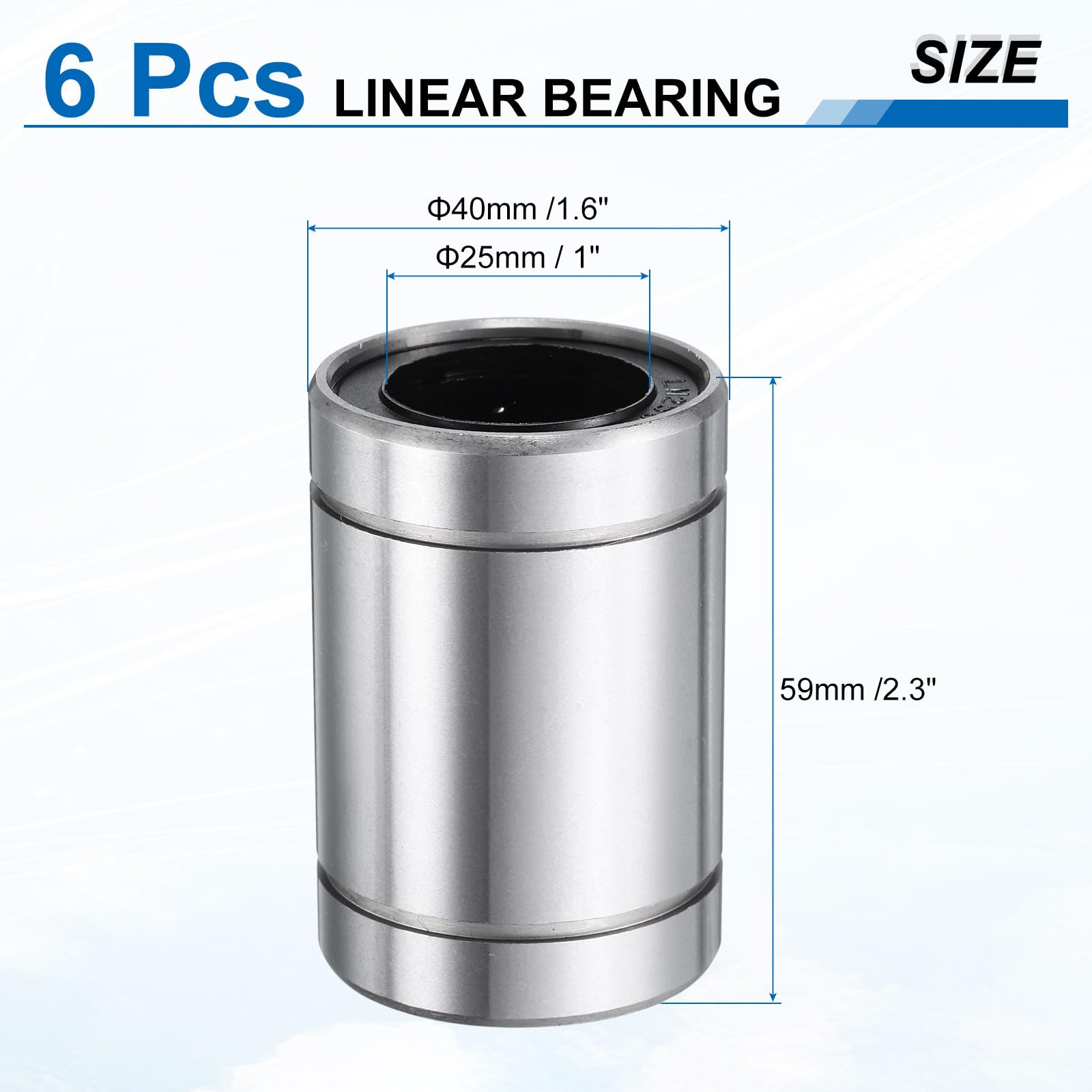 QUARKZMAN 6Pcs LM25Uu Roulement Linéaire 25mm Alésage 40mm OD 59mm Longueur Roulements à Billes Linéaires Double Face en Acier de Roulement en CaoutchoUC Scellé Pour Cnc Imprimante 3D