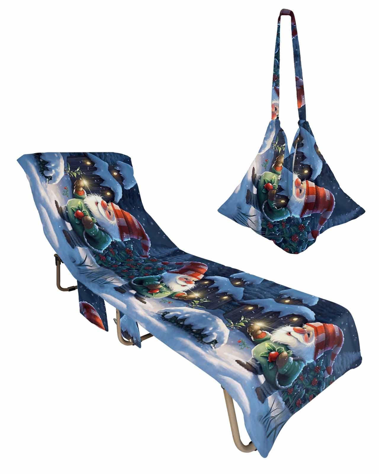 Winter Gnomes, Beach Lounge Chair Towel Cover, Soft Chaise Lounge Towel with Side Pockets Patio Pool Chairs Cover for Beach/Pool Sunbathing 29x85 Cute Christmas Dwarf Red Berry