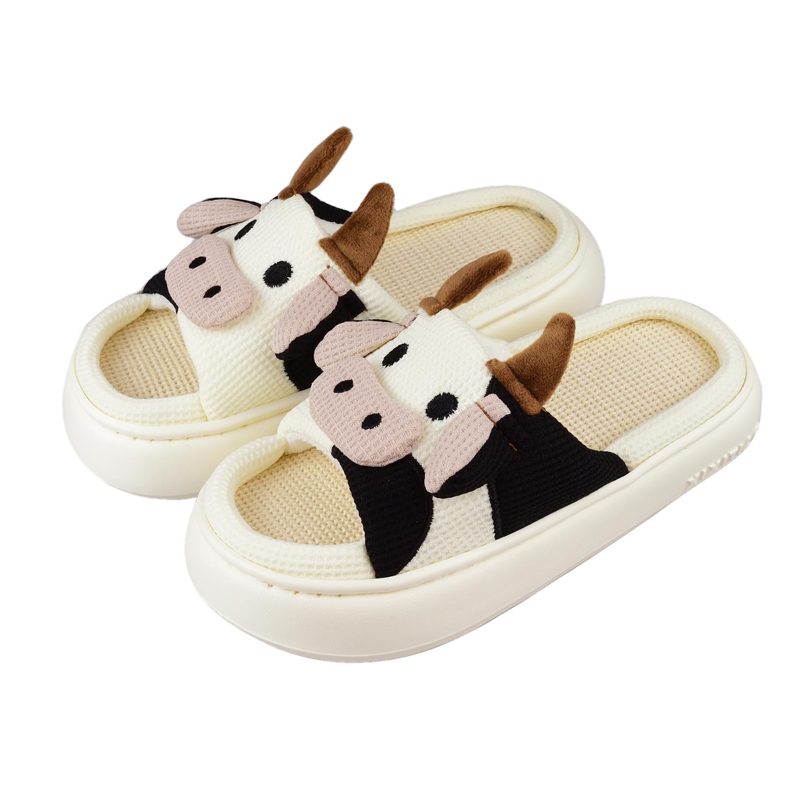 XIXITIAO Cow Slippers for Women/Men Indoor, Cute Cartoon Animal House Shoes, Comfortable Cotton Linen Bedroom Kawaii Cloud Slides