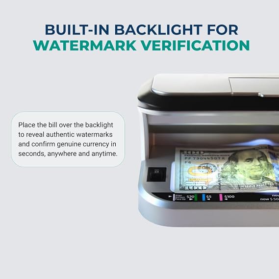 K440 Counterfeit Bill Detector, Professional Two UV Eco-Friendly LEDs, Magnetic Ink Sensor, Backlight for Watermark Detection, Built-in Magnifier for Money, Credit Cards and IDs