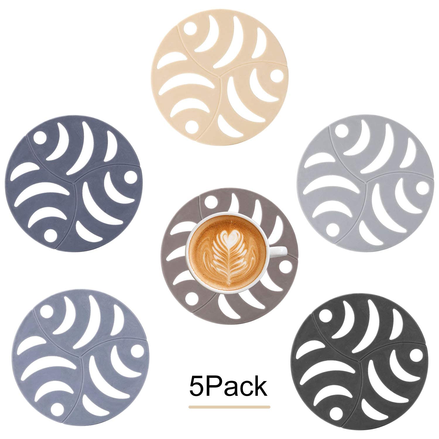 Gresunny 5pcs Silicone Drink Coasters Non Slip Round Trivet Mat Insulated Flexible Table Protector Mats Heat Resistant Placemats Hollow Out Cup Mats for Kitchen Table Bowl Dishes 16cm