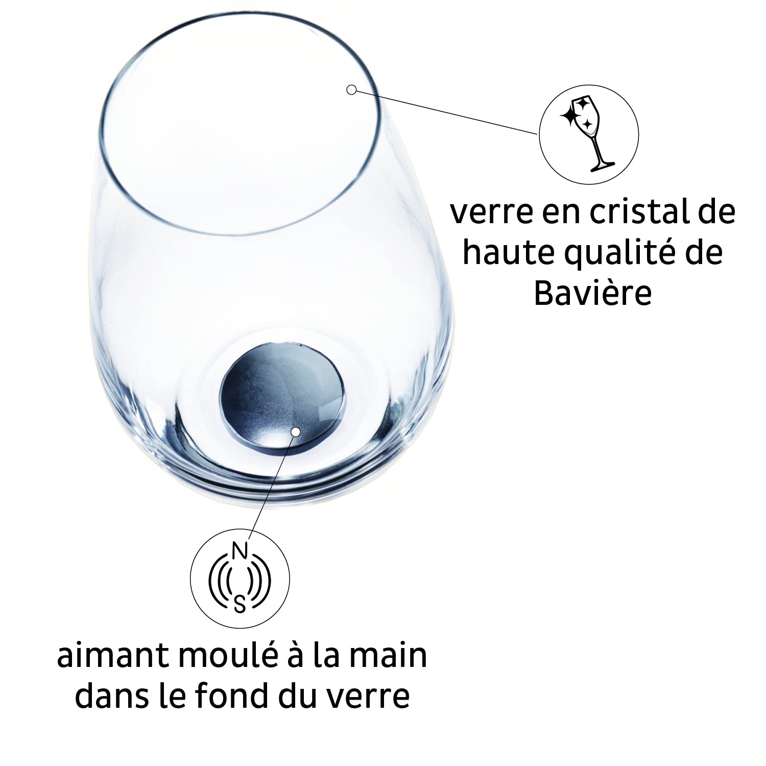 silwy® Verres magnétiques, verres en cristal de haute qualité avec aimant parfaitement intégré et nano gel pads métalliques (longdrink // 0,4 l)