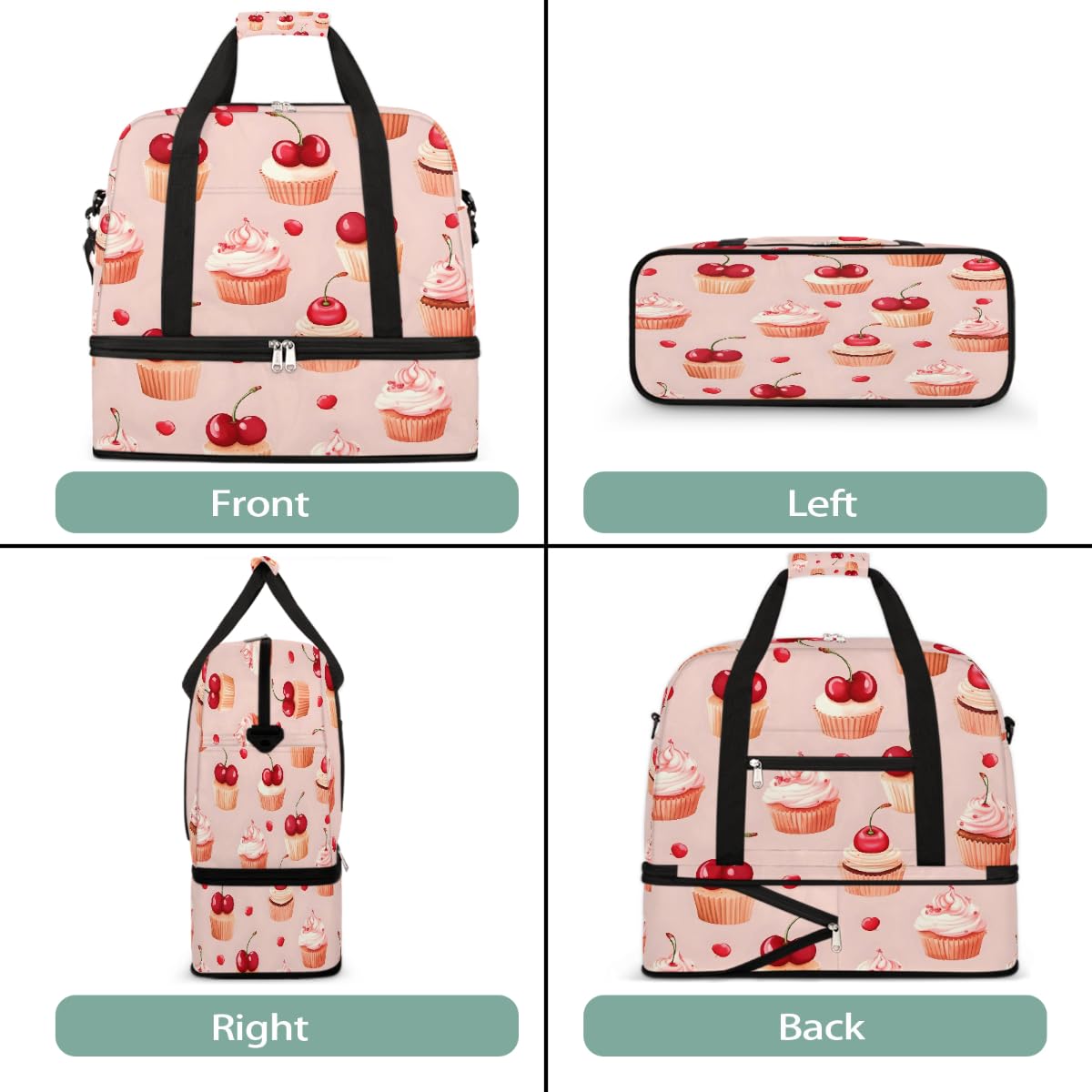 Borsone da viaggio pieghevole con motivo torta di ciliegie, borsa da palestra espandibile con scomparto per scarpe, borsa da weekend di grande capacità, borsa da viaggio per sport, viaggi notturni