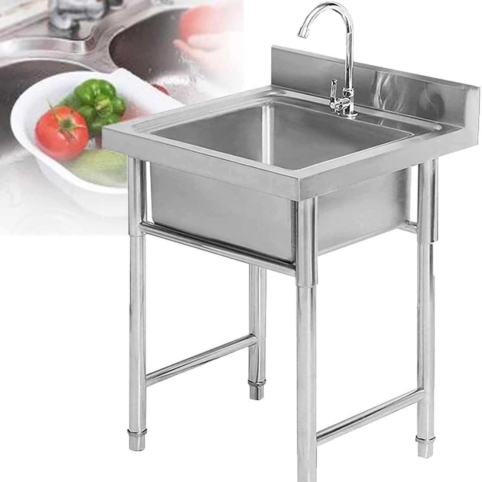 JATIBOSH Freestanding Single Bowl Kitchen Sink with Drainer, Faucet, 50cm/60cm, Freestanding Catering Sink for Outdoor, Garden, Indoor, Easy to Clean