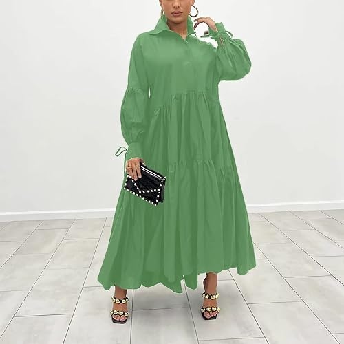 Miniatura 2 de IyMoo Vestido largo con botones para mujer, manga larga, dobladillo fruncido con volantes, casual, holgado, de gran tamaño, largo
