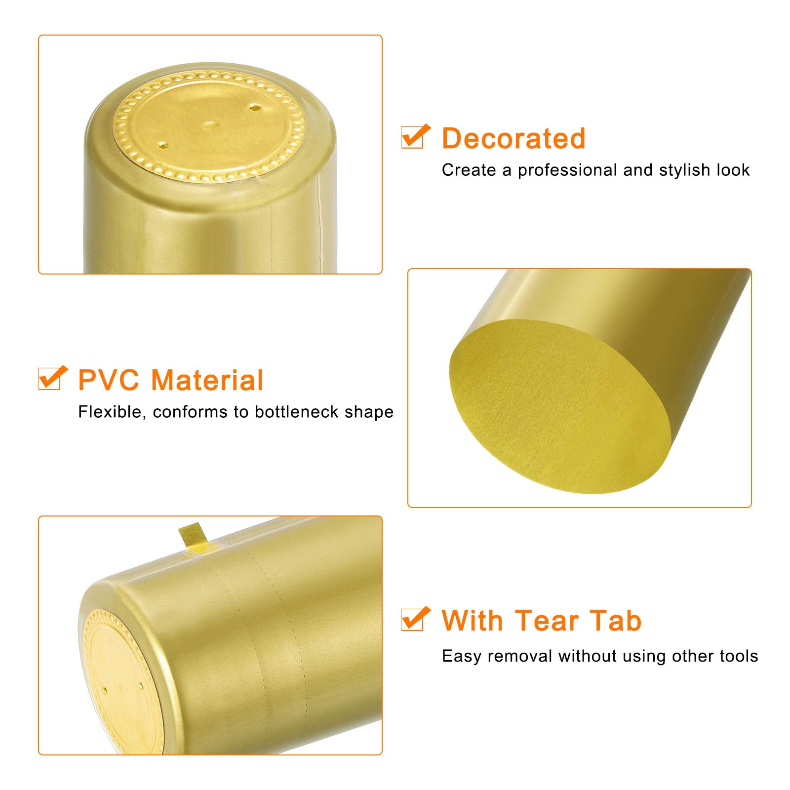 sourcing map 100 Unidades de Cápsulas Termorretráctiles de PVC para Botellas de Vino, Envoltura de Cápsula Termorretráctiles con Pestaña de Apertura Fácil, Amarillo/Oro 30x60mm