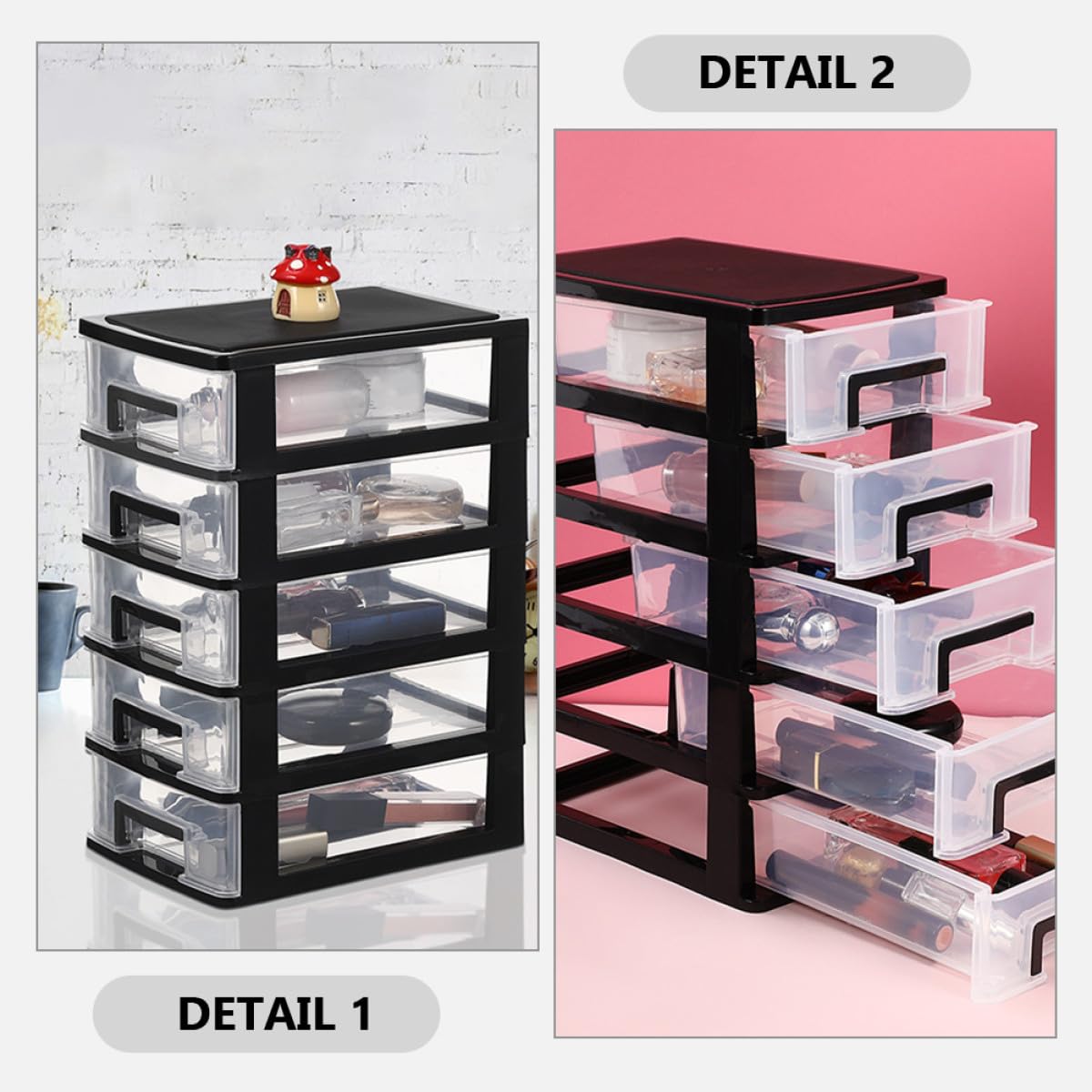BESPORTBLE Cassettiera in Plastica Trasparente 5 Livelli 2 Pezzi, Cassetti Portaoggetti da Scrivania Multiuso per Ufficio, Organizer per Trucco e Bagno Ampia Capacità Salvaspazio
