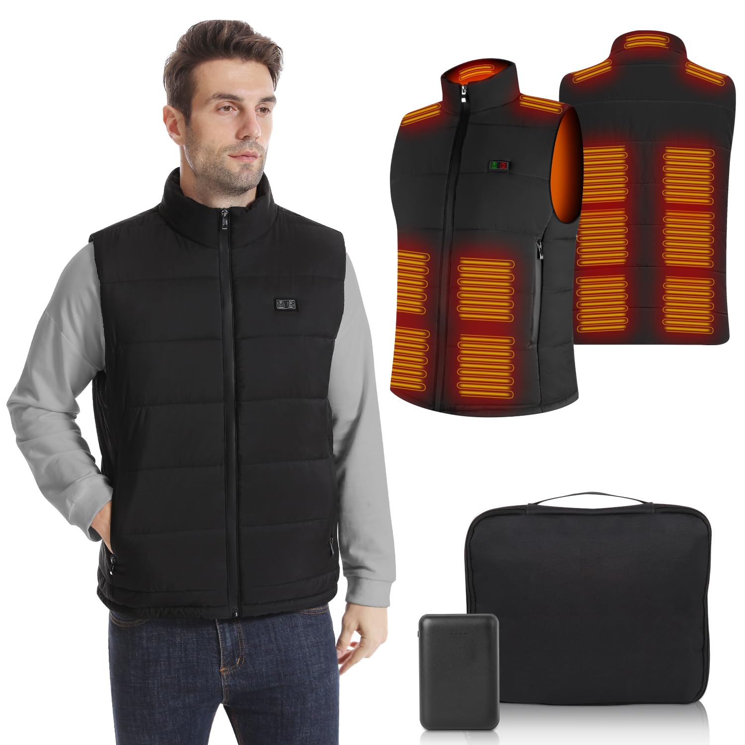 Gilet Chauffant Homme, Veste Chauffante avec 15 Zones, Gilet Chauffant Homme Électrique avec Batterie USB 10000mAh, Doudoune Chauffante pour Moto Pêche Chasse Camping