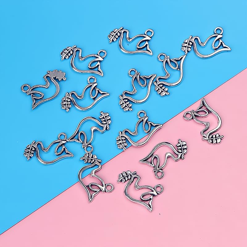 Miniatura 8 de 100 dijes de paloma de la paz, paloma de la paz, colgantes antiguos tibetanos de tono plateado para hacer bricolaje, accesorios hechos a mano, 0.512