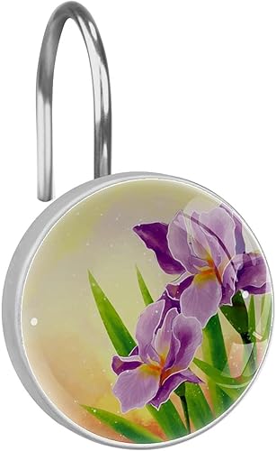 12 ganchos de cortina de ducha con diseño de flor de iris para dibujar a mano, ganchos de resina de metal, ganchos de acero inoxidable para baño,