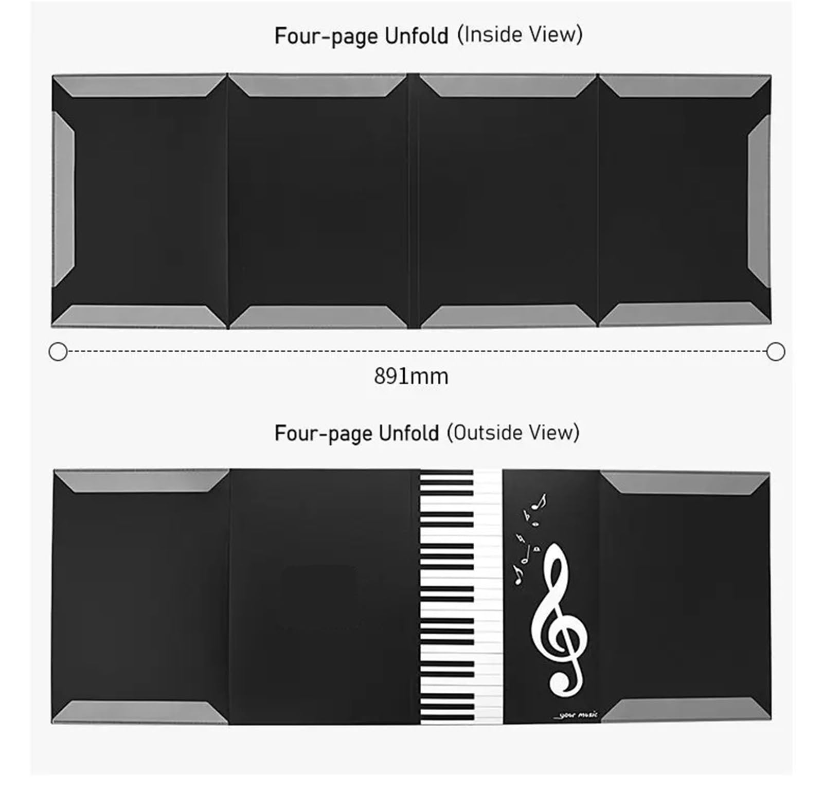 Musikpartitur-Dateiordner, A4, Notenblatt-Papierhalter, Querformat, Klaviermusik-Partitionsordner for Musik Für Notenblätter(Black-Four-fold)