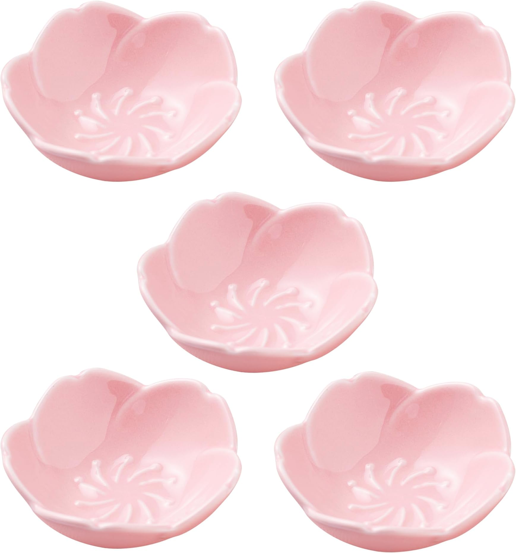 Jusalpha 5 PC Pink Cherry Blossom Ceramic Sauce Dish, Seasoning Dish, Sushi Soy Dipping Bow, Dessert Bowl, Appetizer Plates, Serving Dish for Kitchen Home (Pink, Set of 5)