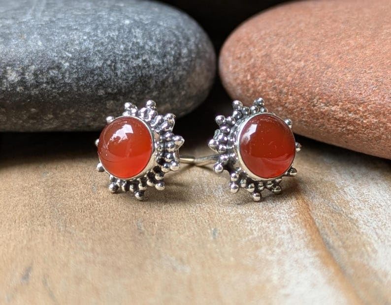 Puces d'oreilles onyx rouge de qualité exceptionnelle et argent 925 - 2