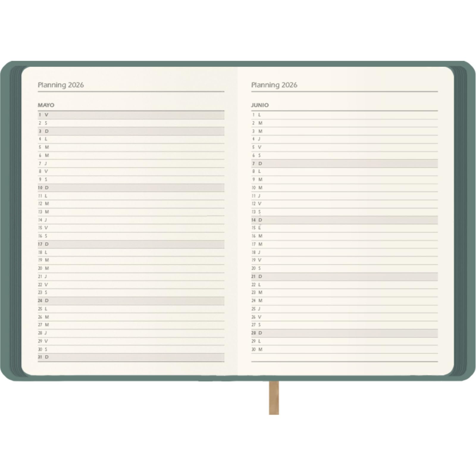 Agenda 2026 Jour par Page A5 Couverture Flexible Similicuir Planificateur Annuel Espagnol Hanoï Vert