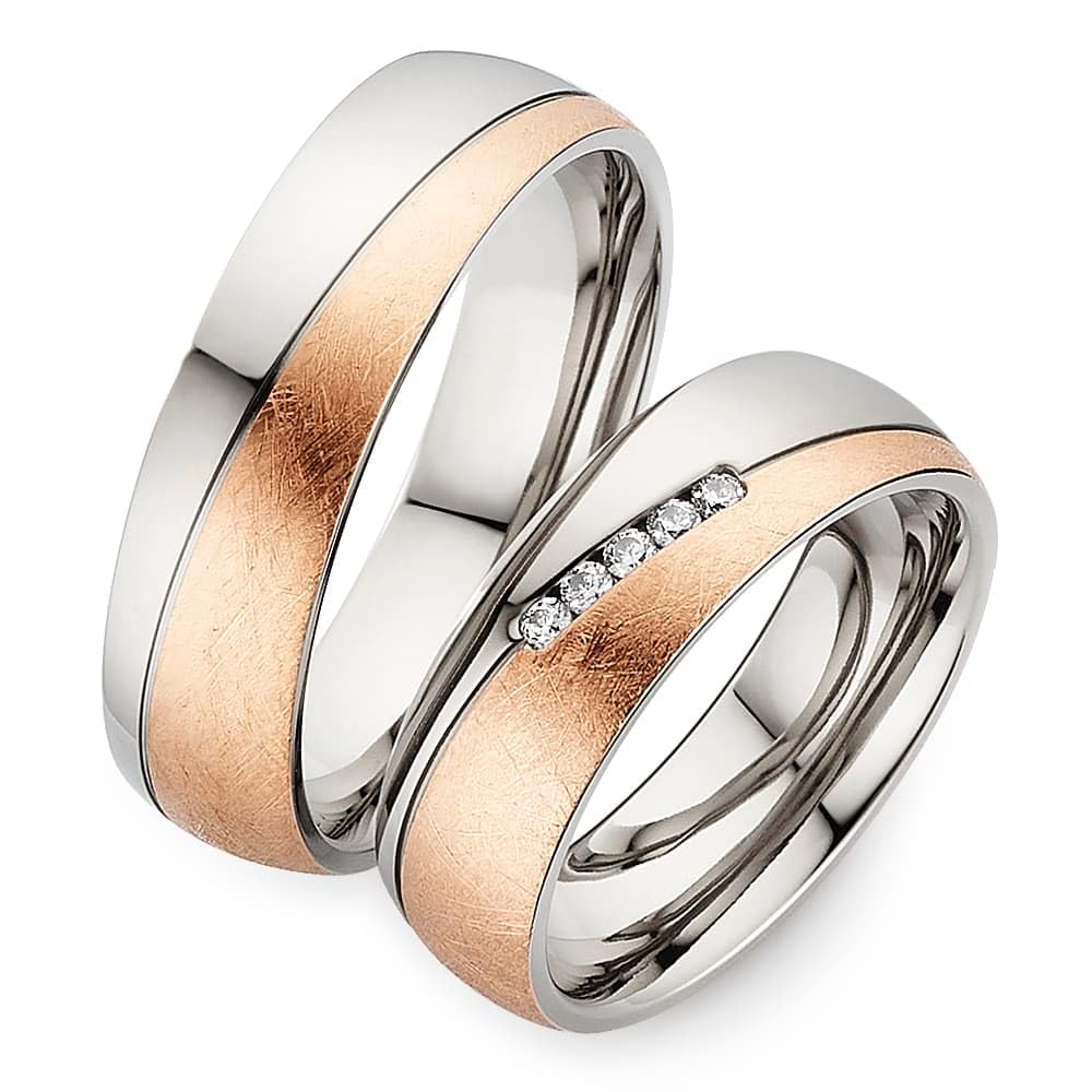 123traumringe Alianzas de boda en titanio y chapadas en oro rosa I Alianzas de pareja con diamante y estuche I Alianzas de boda grabables con 5 circonitas preciosas I Tamaño del anillo 50-62 mm
