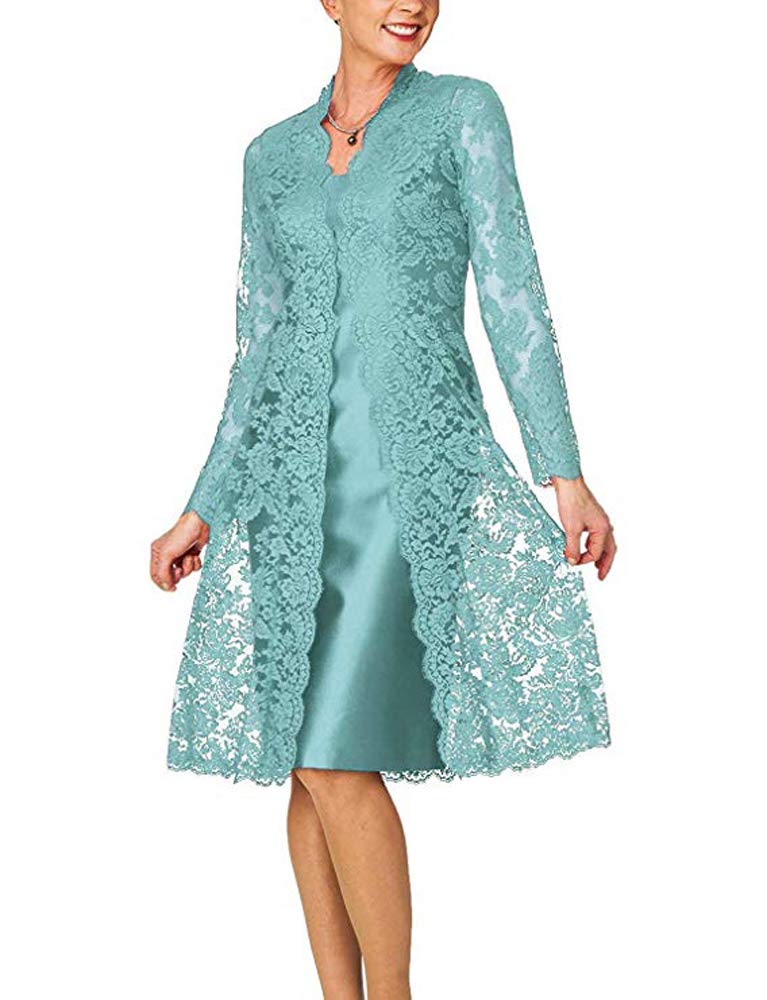 Leader Of The Beauty Women's Aqua 2 Pieces Mother Of The Bride Dresses Tea Length Formal Dresses With Lace Jacket 20