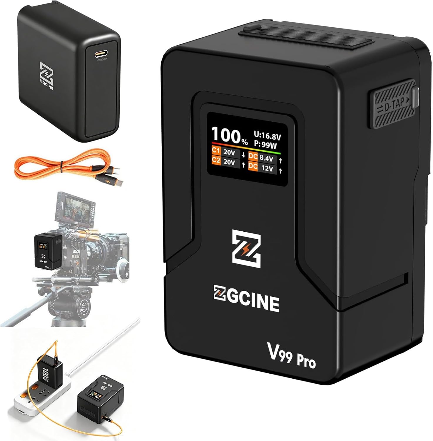 ZGCINE V Mount Battery V99 Pro with USB-C PD100W Charger,1.5H Fully Charged,6400mAh 94.72Wh 14.8V with D Tap/Dual USB C/BP/Dual DC Ports/OLED Screen,for Camera,Camcorder,Phone,Monitor,Video Light