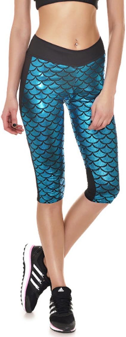 Fvous Women's Mermaid Active Workout Capri Leggings Running Yoga Tights 2XL